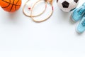 Sport games background - basketball, soccer ball, rackets, sneakers. Copy space Royalty Free Stock Photo