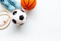 Sport games background - basketball, soccer ball, rackets, sneakers. Copy space Royalty Free Stock Photo