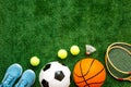 Sport games background - basketball, soccer ball, rackets, sneakers - copy space Royalty Free Stock Photo