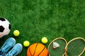 Sport games background - basketball, soccer ball, rackets, sneakers - copy space Royalty Free Stock Photo