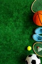 Sport games background - basketball, soccer ball, rackets, sneakers - copy space Royalty Free Stock Photo