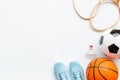 Sport games background - basketball, soccer ball, rackets, sneakers. Copy space Royalty Free Stock Photo