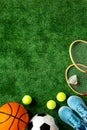 Sport games background - basketball, soccer ball, rackets, sneakers - copy space Royalty Free Stock Photo