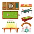 Sport game darts, billiards pool, tennis or bowling vector isolated set