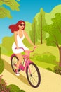 Woman cycling, fitness sport exercises. Person riding bicycle in forest park, enjoy healthy lifestyle. Girl ride by bicycle in par