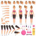 Sport girl animation. Fitness female characters body parts arms hands foot athlete workout vector constructor