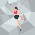 Sport girl on a climbing wall. Cartoon character illustration. Back view. Royalty Free Stock Photo