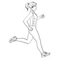 Sport girl jogging object on white background retro. Coloring for children. In sports clothes with headphones and a