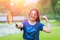 Sport girl teen play badminton outdoor exercise Royalty Free Stock Photo