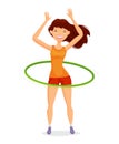 Sport girl turns the hula hoop. Fitness, healthy lifestyle concept. Funny cartoon vector illustration