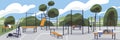 Sport ground, street workout park with fitness equipment. Outdoor gym area panorama, empty playground with training