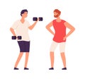 Sport guy swinging with dumbbells. Sporting workout with personal trainer. Isolated flat bodybuilder vector character Royalty Free Stock Photo