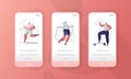 Sport Gym Character Mobile App Page Onboard Screen Set. Fitness Cardio Trainer Man and Woman Workout Application Ui