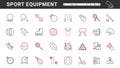 Sport gym equipment, gear for fitness workout and games thin red and black line icons set