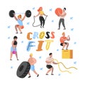 Sport Gym Flat People Characters with Barbells and Fitness Equipment. Workout, Crossfit, Bodybuilding Muscular Exercises