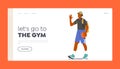 Sport and Health Landing Page Template. Cheerful Male Character With Backpack and Basketball Ball Walking to Gym