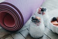 Sport and healthy concept. Pink yoga mat and Pudding with chia s Royalty Free Stock Photo