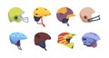 Sport helmet. Motorbike safety accident helmet vector illustrations collection