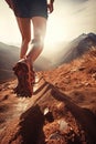 Sport Hiker hiking and trekking on a mountain dirt.