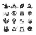 Sport icon set golf ball, billiards, bowling, checkers, protein can, soccer goal, silhouette of athletes