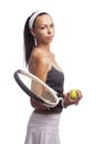 Sport Ideas. Portrait of Caucasian Female Tennis Player in Sport Outfit Posing With Lawn Racket Against White