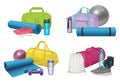 Sport items. Equipment for workout fitness or gym activities decent vector realistic sport bags and accessories