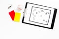 Sport judging concept. Soccer referee. Tactic plan for game, ball, red and yellow cards, whistle on white background top Royalty Free Stock Photo