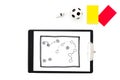 Sport judging concept. Soccer referee. Tactic plan for game, football ball, red and yellow cards, whistle on white Royalty Free Stock Photo