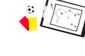 Sport judging concept. Soccer referee. Tactic plan for game, football ball, red and yellow cards, whistle on white Royalty Free Stock Photo