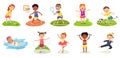 Sport kids. Basketball kid, karate boy and girl playing golf. Swimming, soccer and tennis activities. Jump rope, spin a Royalty Free Stock Photo