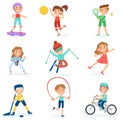Sport kids, cartoon baby athletes, kindergarten sport activities. Children basketball, football and gymnastics exercises