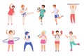 Sport kids. Children play football and tennis, doing exercise and karate, run and boxing. Boys and girls physical