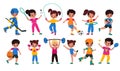 Sport kids. Children with sports attributes, boys and girls with different balls, fitness accessories and rackets. Young