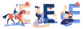 Sport letters E collection with women riding enduro bike, equestrian dressing and playing e-games. Concept illustration with