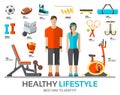 Sport life stile infographic with gym device, equipment and items. Training apparatus on a flat design style. Vector