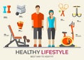 Sport life stile infographic with gym device, equipment and items. Training apparatus on a flat design style. Vector