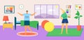 Sport lifestyle, family workout at flat morning concept vector illustration. Couple character training at home, make