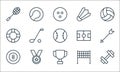 sport line icons. linear set. quality vector line set such as dumbbell, trophy, billiard, net, medal, life vest, football field,