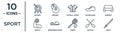 sport linear icon set. includes thin line archery, football jersey, aerobics, snowmobile sport, rafting, aikido, muscle icons for