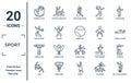 sport linear icon set. includes thin line baseball glove, discus throw, powerlifting, judo, unicycling handball, tennis ball,