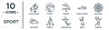 sport linear icon set. includes thin line equestrianism, aerobics, dart board, rinkball, kendo, handball, rallycross icons for