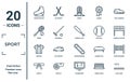 sport linear icon set. includes thin line figure skating, tennis, referee, karate, long jump, baseball bat, equestrianism icons