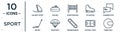 sport linear icon set. includes thin line sailboat sport, equestrianism, commentator, parachute, football field, tennis ball,