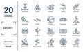 sport linear icon set. includes thin line trampolining, shuttlecock, go game, sailboat sport, bodybuilding, softball, snowmobile