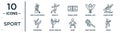 sport linear icon set. includes thin line unicycling hockey, tennis court, canoe sport, baton twirling, shuttlecock, aikido,