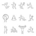 Sport linear icons set, vector silhouette, flat fitness logo, stencil emblem, line shape athlete person. Outline black badges team Royalty Free Stock Photo