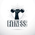 Sport logo for weightlifting gym and fitness club, vector illustration of muscular arm holding dumbbell Royalty Free Stock Photo