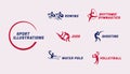 Sport logos set. Rowing, rhythmic gymnastics, judo, shooting, water polo, volleyball vector illustrations