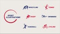 Sport logos set. Wrestling, tennis, rugby, swimming, handball and cycling vector illustrations Royalty Free Stock Photo