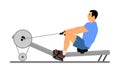 Sport man doing Seated Cable Row in gym illustration. Low cable pulley row seated. Fitness instructor demonstration.